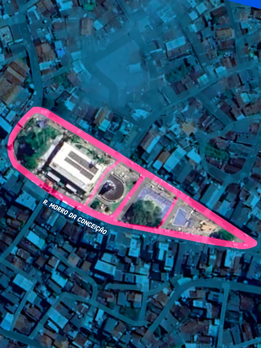 Mapa de satélite do Morro da Conceição, no Recife, com a área de concentração destacada em rosa: a Praça da Conceição, ao longo da Rua Morro da Conceição