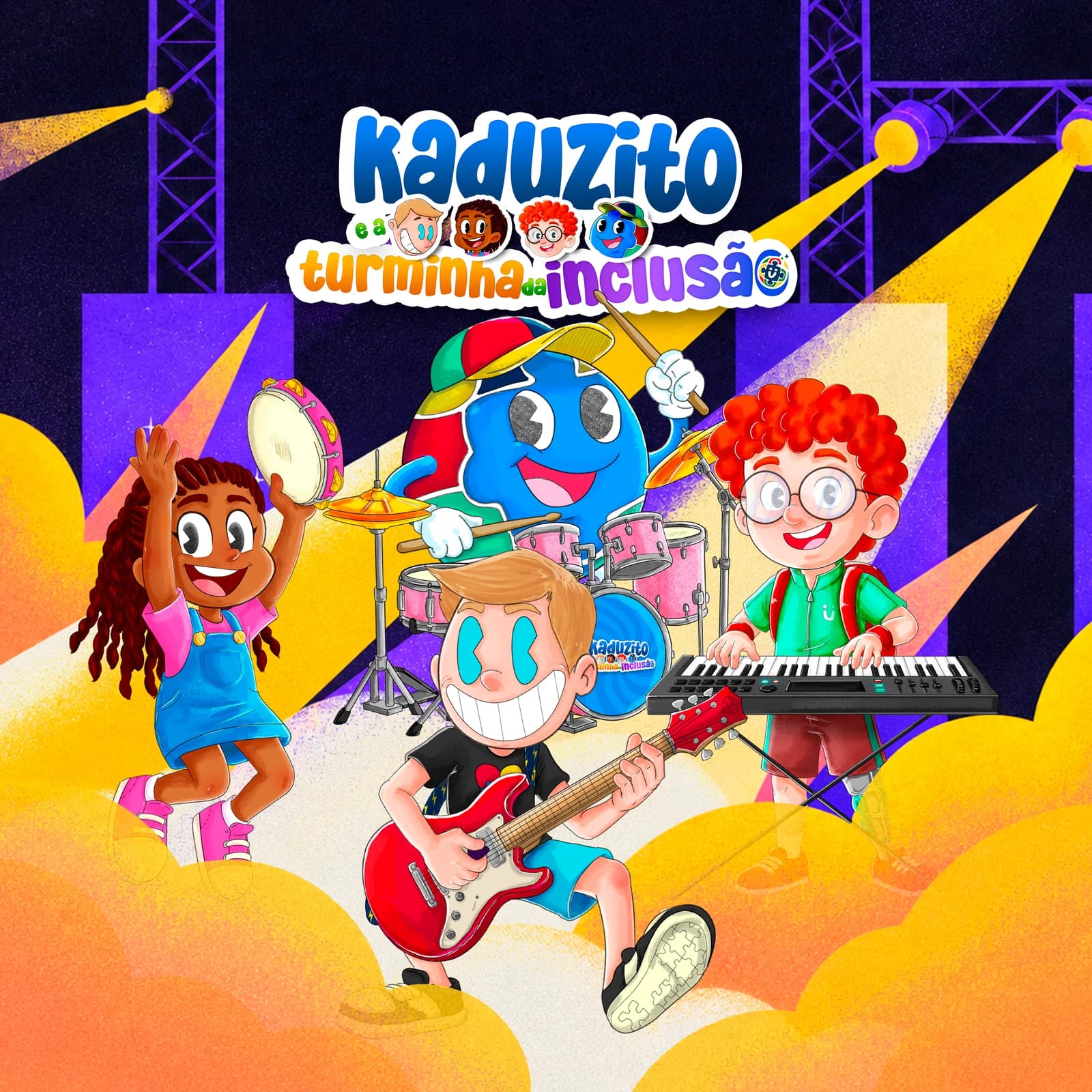 Ilustração do Kaduzito e da Turminha da Inclusão tocando numa banda: guitarra, bateria, teclado e pandeiro
